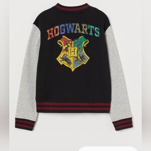 H&M Harry Potter Hogwarts Varsity Black Grey fleece Jacket sweatshirt snap 16/18